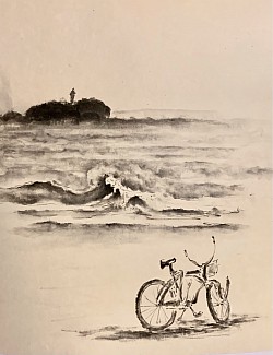 「江の島がみえる」（辻堂）  砂浜に自転車をおいて、サーフィン？