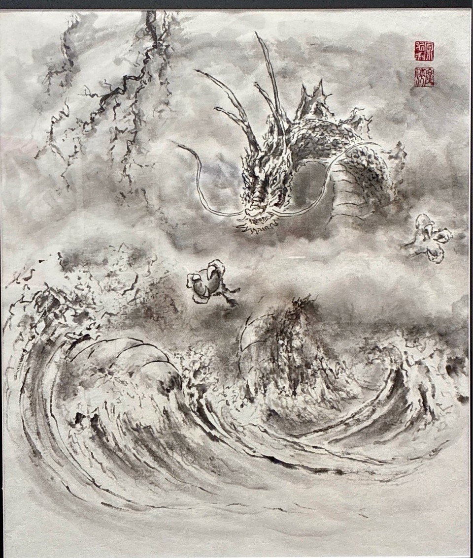 神威　F20号　荒れた海から現れた神龍の姿